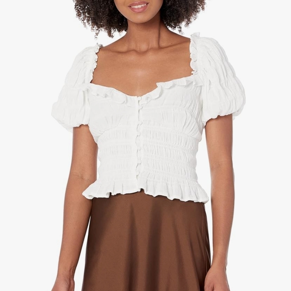 Astr The Label Anza White Puff Sleeve Smocked Milkmaid Peasant Top Large NWOT